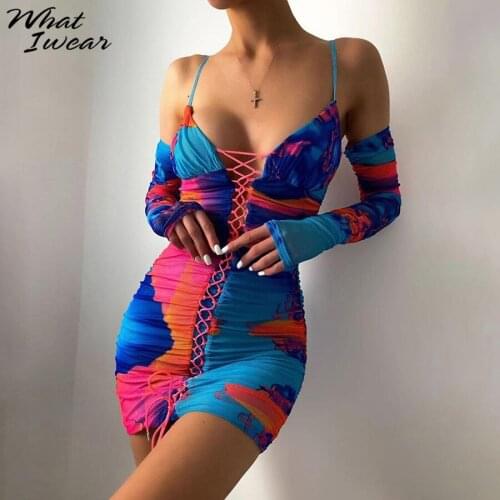 Whatiwear Tie Dye Print Sexy Deep V-Neck Mini Dresses Strapless Shirring Bodycon Elastic Full Sleeve Autumn Streetwear Outfit