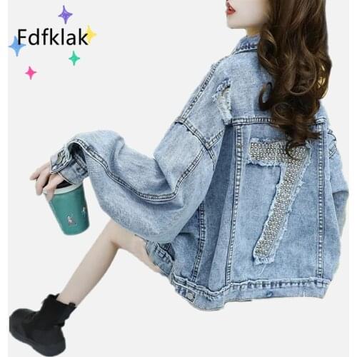 Fdfklak Loose Large Size Spring Autumn Denim Jacket Ladies Hong Kong Style Retro 2021 New Small Fragrance Coat Women Clothing