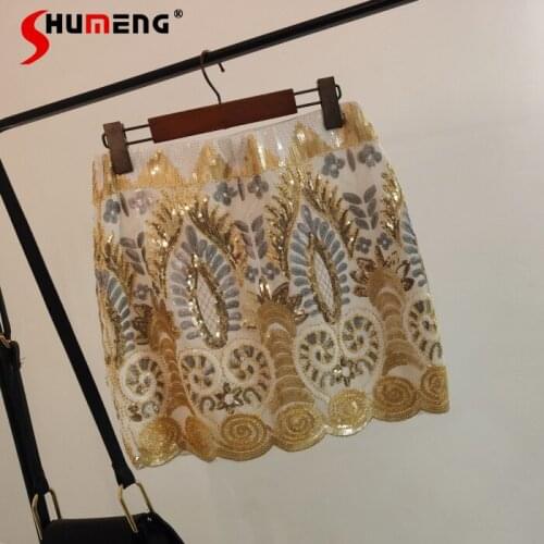 2021 Spring Retro High Waist A-line Sequined Multi-Color Hip Skirt Female Women Fashion Elastic Waist Mini Skirts Casual Skort