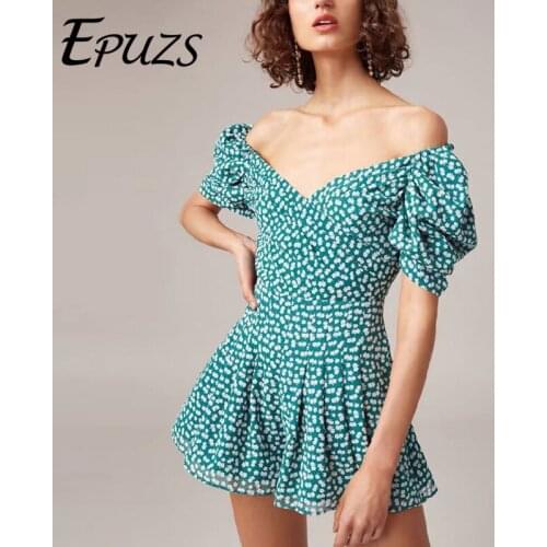 Vintage V neck flore print jumpsuit women boho chiffon puff sleeve bodysuit 2021 Women summer playsuit