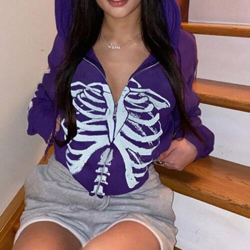 Women Sweatshirts Street Y2K Style Outwear Tops Skeleton Printed Zipper Hooded Coats Loose Clothing Autumn Spring Female S M L