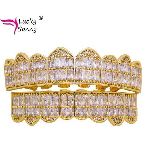 Gold Color Hip Hop Tooth Grillz Top & Bottom Grill Cap for Halloween Bling Jewelry Custom Design Fake Teeth Ornament Women Party