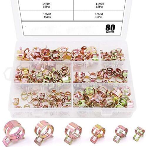80Pcs Spring Band Type Clips Air Hose Tube Water Pipe Fuel Pipe Silicone Vacuum Hose Clamp Fasteners Assortment Kit (7mm 10mm 11