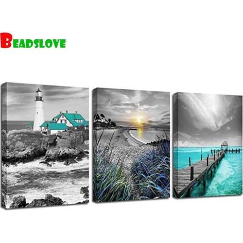 3 piece lighthouse diamond painting sale Modern green Seascape mosaic diamond Embroidery 3d Cross Stitch Full Square drills