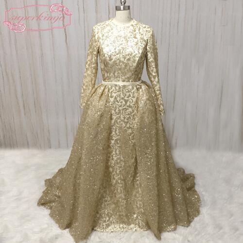 SuperKimJo Detachable Skirt Evening Dresses Long 2020 Champagne Sparkling Bling Arabic Style Evening Gown Robe De Soiree