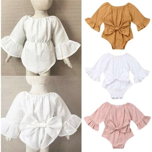 Infant Baby Girl Bodysuit Eleghant Baby Girl Cotton Linen Clothes Long Flare Sleeve Plain Jumpsuit Big Bow Sweet Bodysuit 0-24M