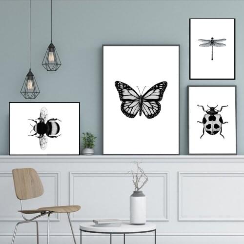 Black White Ladybird Butterfly Dragonfly Canvas Painting Wall Art Nordic Posters and Prints Wall Pictures for Living Room Decor