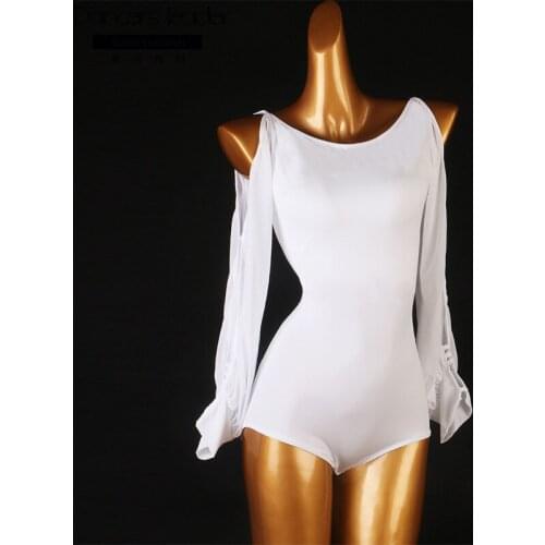 Women white Latin dance Tops Long Sleeve Ballroom Tango Rumba Dance Shirt Leotard Bodysuit Shirt