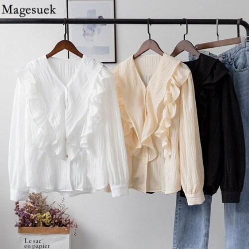 V Collar Ruffle Elegant Women Tops and Blouses Korean Fashion Long Sleeve Blouse White Shirts Spring Loose Sweet Clothes 13577