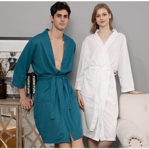 Unisex Summer Couples Waffle Kimono Robe Soft Sleeprobe Thin Men Homewear Women Briderobe Sleepwear Loose Nightgown