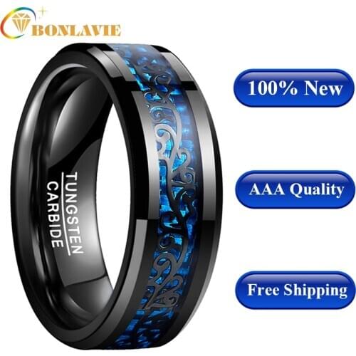 BONLAVIE Wedding Bands Men Ring Black Vine Blue Carbon Fiber 100% Tungsten Steel Rings Male Jewelry Anillos Accessories