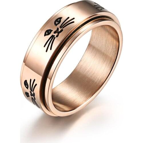 INSCHIC Free shipping Korean style Cute Animal Cats Face Titanium Steel Rotate Lovers' Rings For Couple Rose Golden Finger Ring
