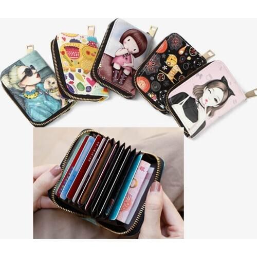 Fashion Graffiti Girls Organ Card Bag PU Leather Wallet Cute Business Card Case Credit Card Holder Mini Zipper Clutch Bag