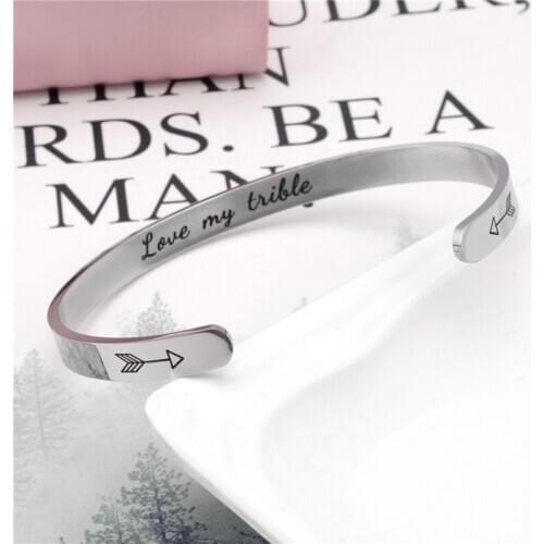 Wide 6mm Cuff Trendy Inspirational Love my trible With Arrow Bracelets Titanium Encouragement Bangle For Men Women Jewelry
