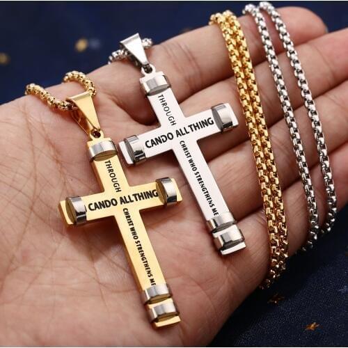 Silver/gold/black tone Cross Pendant Necklace,I Can Do All Things,Philippians 4:13,Mens Womens Jewelry Gifts