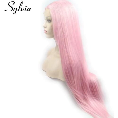 Sylvia Long Silky Straight Wig Baby Pink Synthetic Lace Front Wigs Heat Resistant Fiber Soft Hair For Women