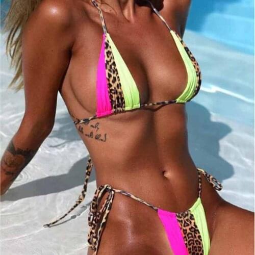 Sexy Micro Bikini 2021 Swimsuit Push Up Swimwear Women Patchwork Bikini Set Leopard Halter Backless Female Thong Biquini