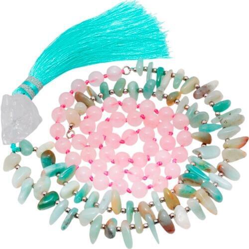 SUNYIK Pink Quartz Amazonite Stone Beads Necklace Wrap Bracelet with Tassel Handmade Jewelry for Yoga Meditation