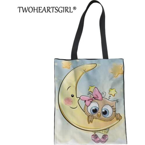 Twoheartsgirl Eco Durable Women Handbag Student Bags Cute Animal Owl/Cat Print Shoulder Tote Bag Shopping Canvas Bags