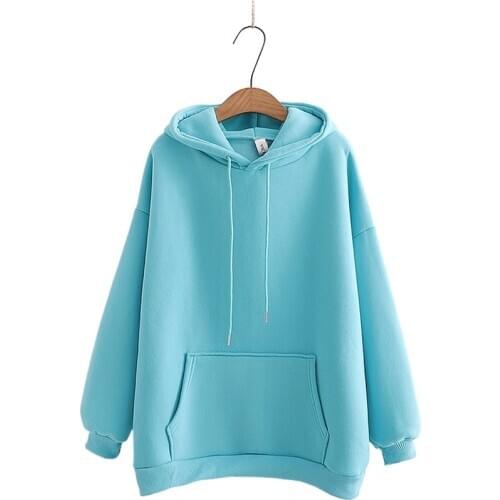 Autumn And Winter Women Japanese Sweet Bear Ear Hooded Long-Sleeved Solid Color Plus Velvet Harajuku Sweatshirt Hoodies 209984