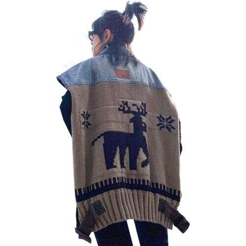 Blue Women Denim Vest 2020 Spring Women Knitted Patchwork Vest with Sahes Female Single Breasted Loose Vest