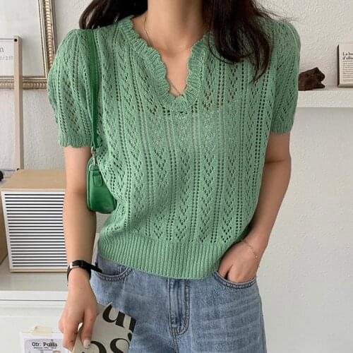 Summer New Korean Fashion Hollow Out Knitted Short Sleeve Casual Tops Femme Solid All-Match Women Clothing V-Neck Thin Sweater