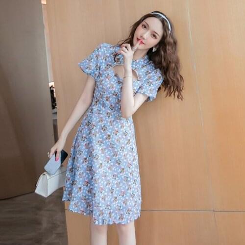 Fashion Summer Korean Casual Midi Streetwear Dress Ladies Elegant Chinese Style Vintage Puff Sleeve Hollow Flower Vacation Dress