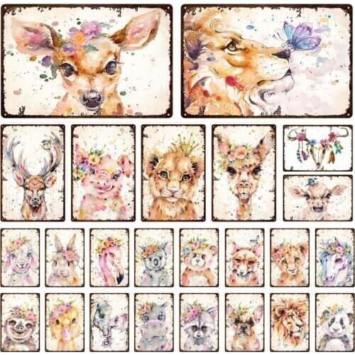 20x30cm Customizable Non-fading Multicolor Flower And Animal Lion Fox Deer Retro Decorative Plaque Iron Painting Metal Tin Sign