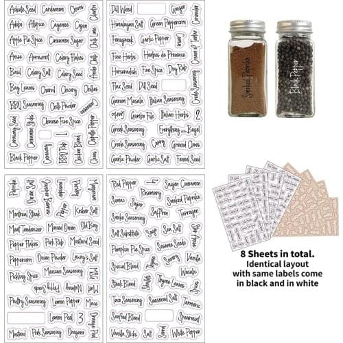 8pcs Spice Label Combo Black and White Preprinted Labels for Spice Jar Durable M56