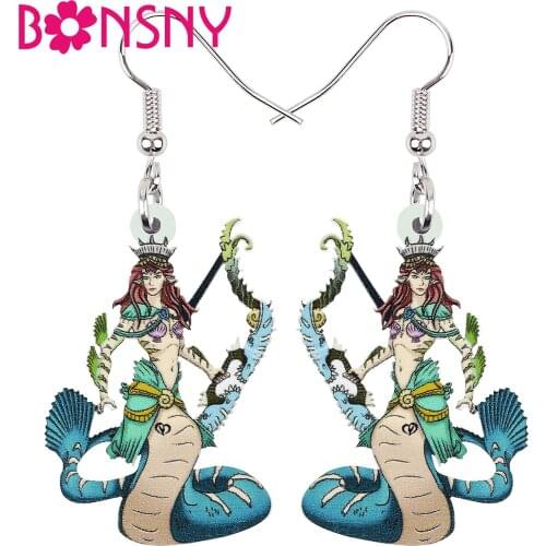 Bonsny Acrylic Sweet Sea Long Tail Snake Lady Goblin Earrings Long Drop Dangle Trendy Gifts Unique Jewelry For Women Girl Charm