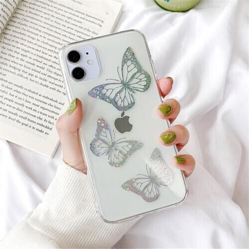 Gimfun Butterfly Glitter Leaves Phone Case for iPhone 11 Pro Max X XR XS Max 8 7 Plus Transparent Cartoon Soft Tpu Back Cover