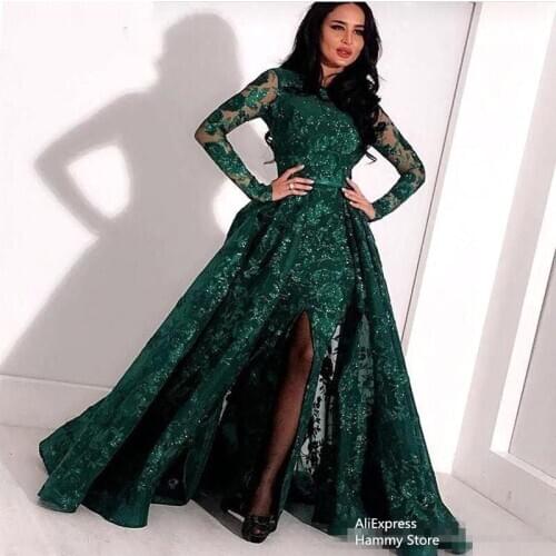 Arabic Emerald Green Lace Long Evening Dresses 2020 Long Sleeves Split Sweep Train Formal Prom Party Dresses