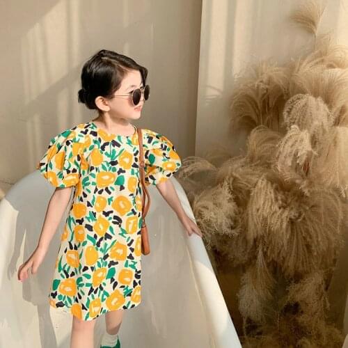 Girls Yellow Floral Princess Dress Summer Kids Cute Lantern Sleeve Dresses 3-7 Years Children Vacation Casual Clothing vestidos