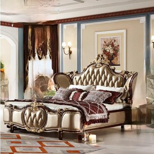 French classical double bed low box bedroom solid wood bed furniture villa apartment oak leather bed