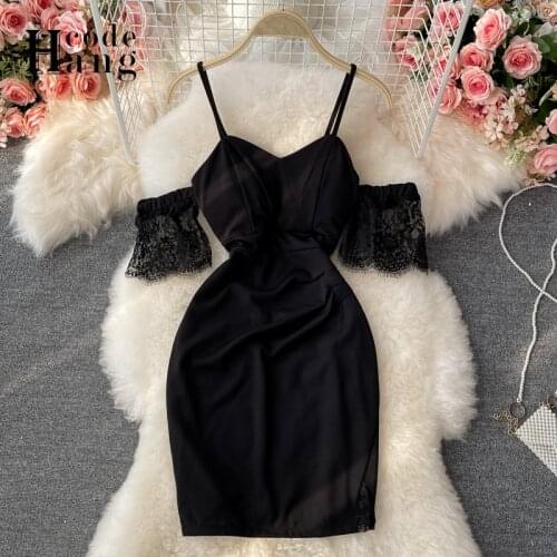 HangCode Summer Dress Sexy Off Shoulder Lace Short Sleeve White Black Mini Dress 2021 Women Spaghetti Strap Bodycon Party Dress