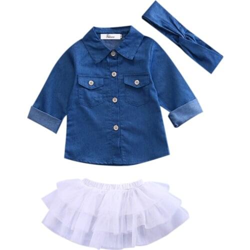 Hi Hi Baby Store Kids Baby Girls Denim Long sleeves Shirt+Tutu Skirts 2pcs Cotton Outfits