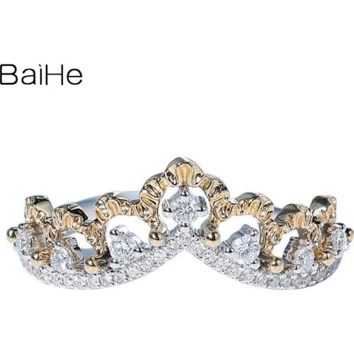 BAIHE Solid 14K White+Yellow Gold 0.20ct H/SI-SI3 Natural Diamonds Wedding Trendy Fine Jewelry Beautiful Women Crown Ring кольца