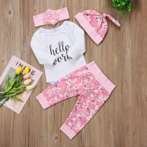 4PCS Newborn Baby Girls Floral Clothes Sets Hello World Infant Romper+Pants Hat Cotton Outfits 0-24M