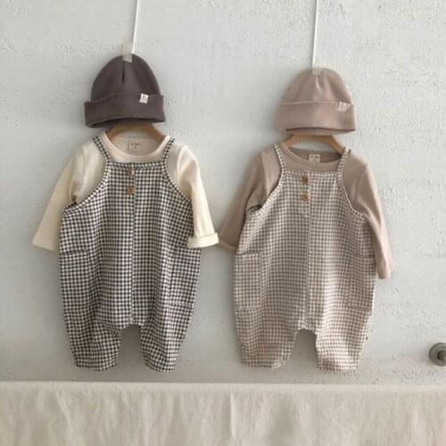 Baby Clothes Set Autumn Newborn Solid Color Top Coat + Plaid Suspenders Pant Baby Boy Girl Toddler Childrens Clothes Romper Set