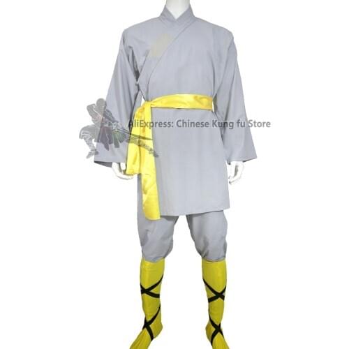 Chinese Shaolin Monk Kung fu Suit Buddhist Robe Wushu Martial arts Wing Chun Uniform Tai chi Clothes Gray Cotton