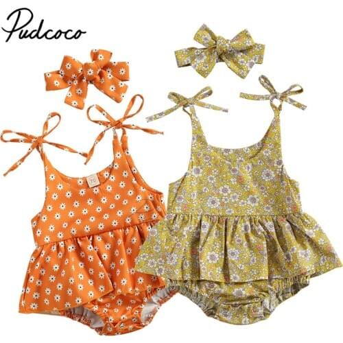 Infant Baby Girl Summer Floral Casual Suit, Round Neck Elastic Lace-up Sling Romper Dress, Bow Headband
