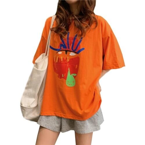 Summer Short Sleeve Tee Shirt Women Graffiti Print Tops Harajuku Boyfriend Loose Plus Size Orange Pink Black O Neck Tshirt Girls