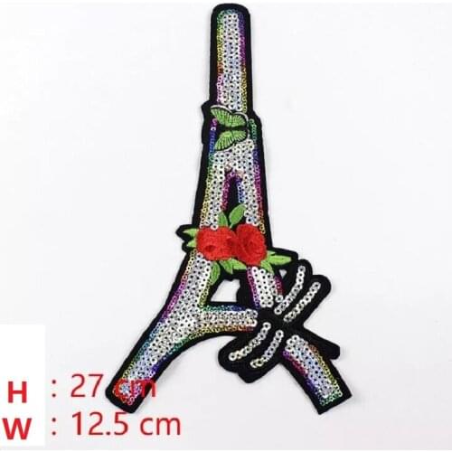 Fashion Eiffel Tower Sequined Embroidered Patches Red Rose Flower Appliqued Patch DIY Accessories Bag Cloth Decal Iron on Patch