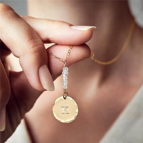 Natural Moonstone Necklace Coins Jewelry Hammered 14K Gold Filled Letter Choker Pendants Collier Kolye Jewelry Name Necklace