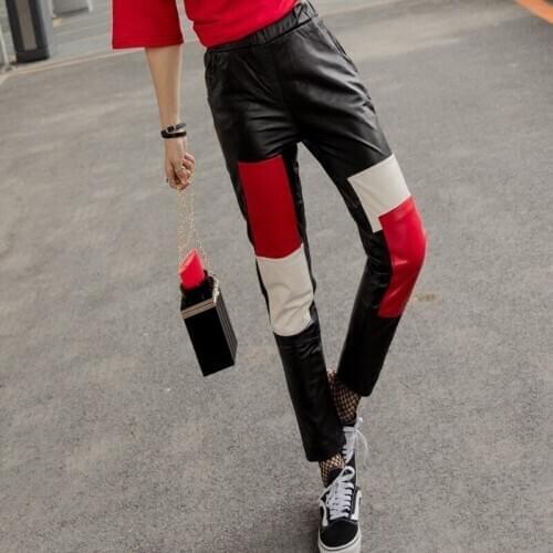 New autumn/winter 2019 real leather pants for women versatile and contrasting colors waisted sheepskin pencil pants