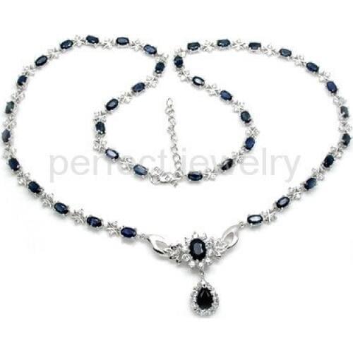 Sapphire necklace Free shipping Real natural blue sapphire 925 sterling silver 0.35ct*38pcs,1ct*2pcs gemstone #CY15070812