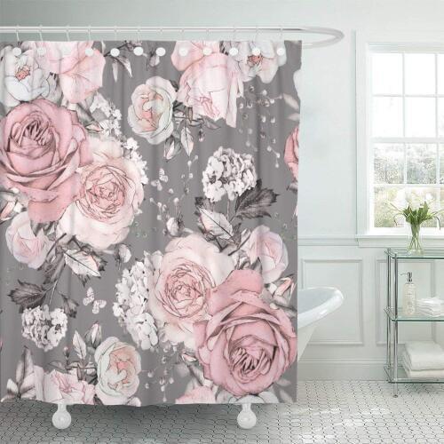 Pink Flowers and Leaves on Gray Watercolor Floral Pattern Shower Curtain Waterproof Polyester Fabric 72 x 72 Inches with Hooks