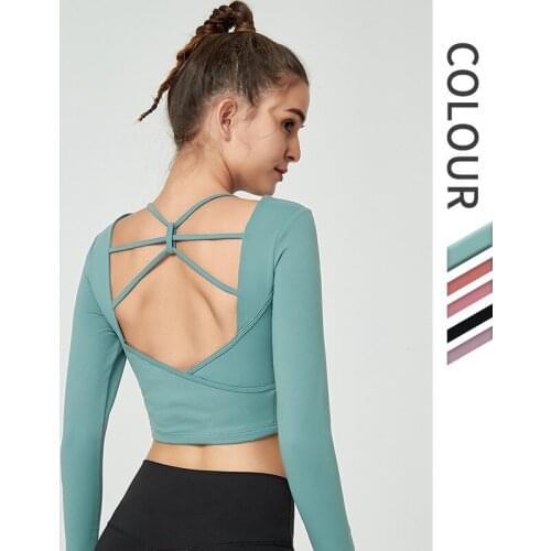 Sexy Plain Backless Yoga Sport Long Sleeved Shirts Women Slim Fit Anti-sweat Fitness Workout Gym Cropped Tops S-XL