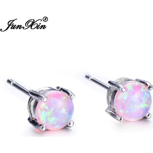 JUNXIN Fashion Female Boho 6MM Round Stud Earrings White Fire Opal Earrings For Women Silver Color Jewelry