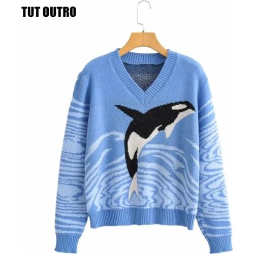 Autumn Winter Fashion Warm Sweater Women Casual Chest Before Dolphin Print V-Neck Knitted Pullover Female Long Sleeves Jumpers